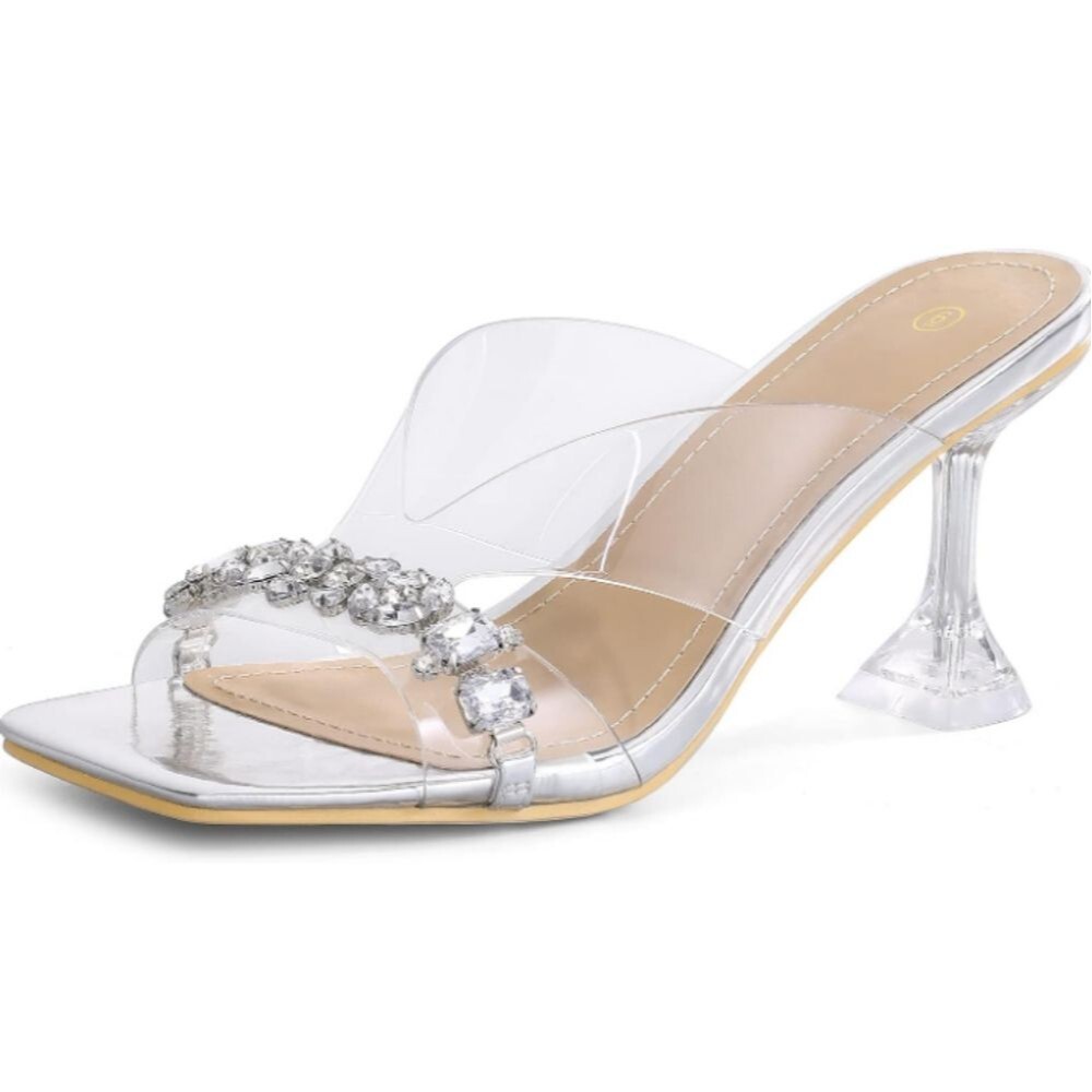 mysoft Clear Heeled Square Toe Crystal Embellished Mules Size 10 New in Box